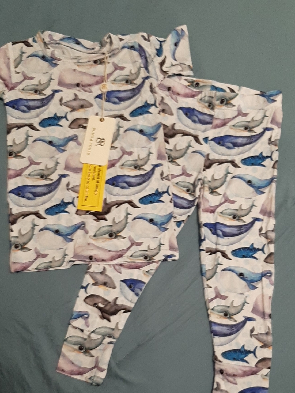 Bums & Roses Bamboo 3t Whale & Shark Pajama Set in Blue, Purple, Gray, NWT